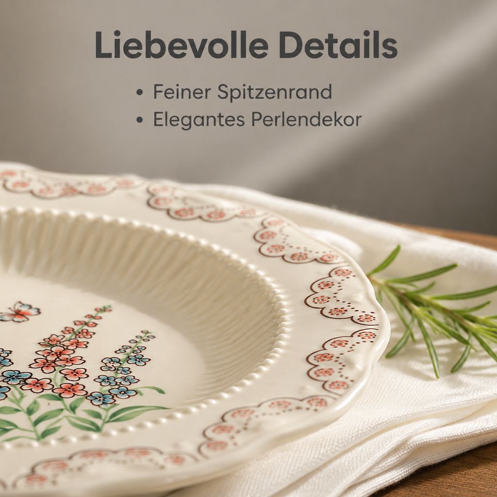 Keramik-Geschirrset im rustikalen Vintage-Landhausstil mit Unterglasurdekoration