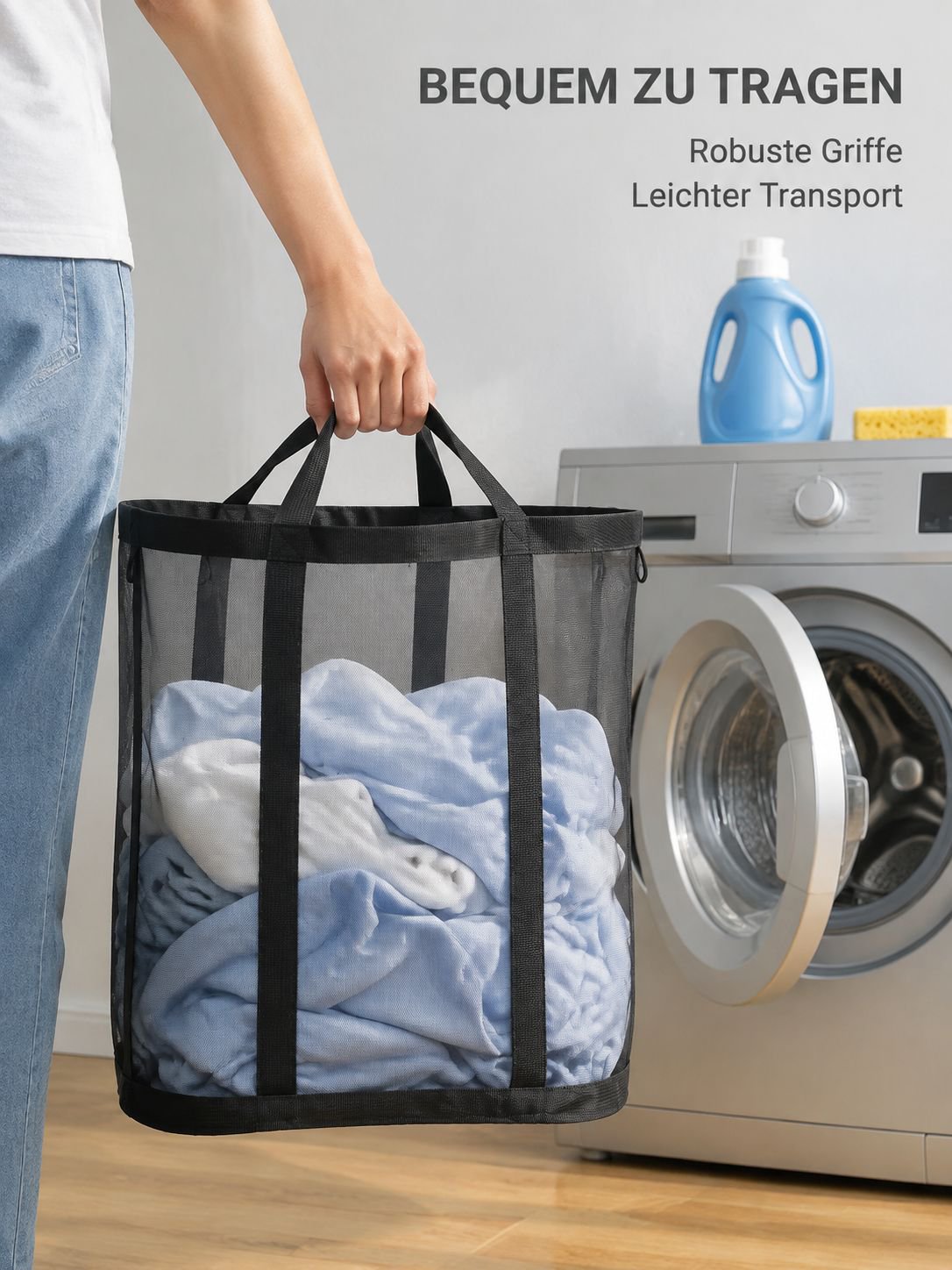 Großer Wäschekorb aus Netzstoff, faltbar und tragbar, zum Aufhängen im Badezimmer