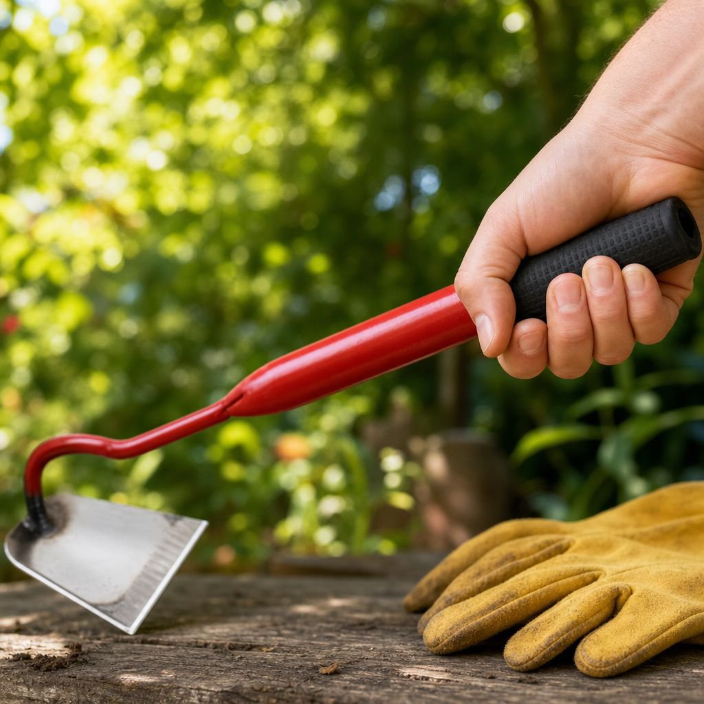 Gardener using multi-purpose hoe for digging