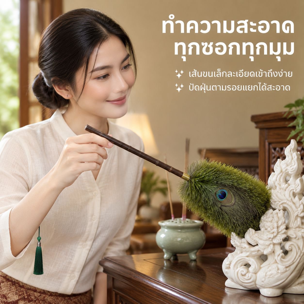 ไม้ปัดฝุ่นขนหางนกยูงสไตล์วินเทจ (มีคุณสมบัติป้องกันไฟฟ้าสถิต)