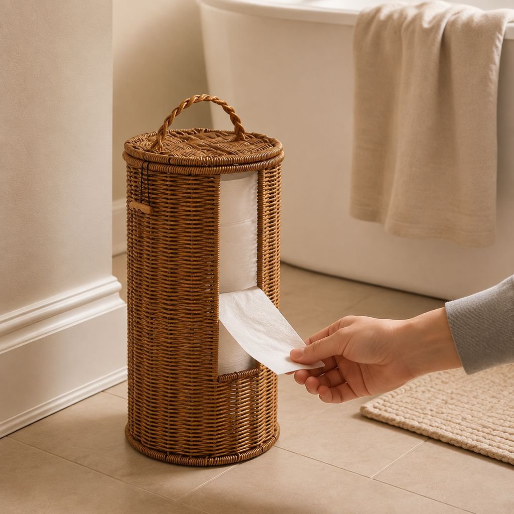 Home & Guesthouse Round Rattan-style Storage Bin with Lid for Toilet Paper and Towels