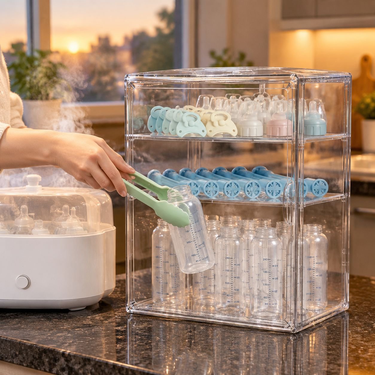 Transparent storage cabinet for baby products
