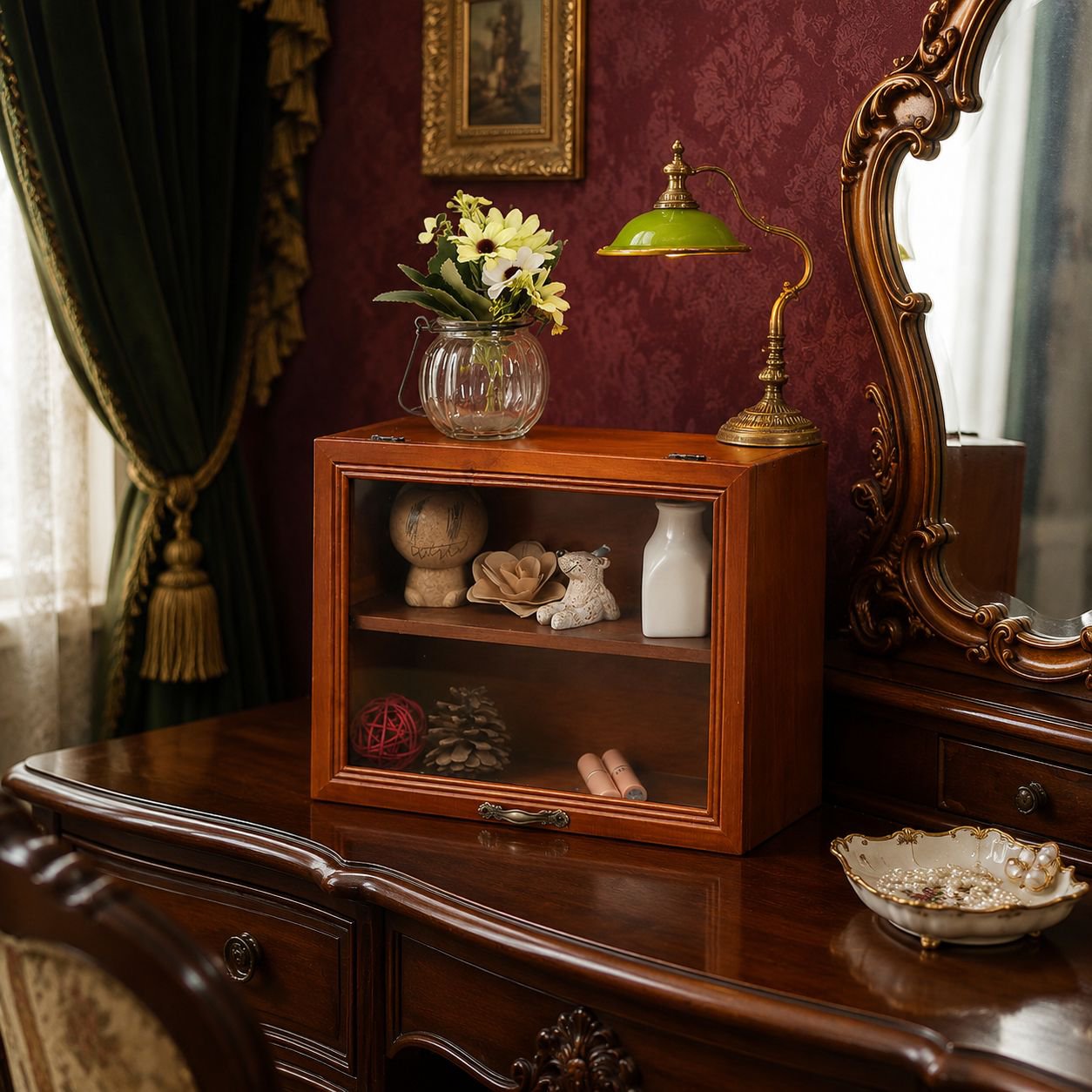 Dustproof glass door retro wooden cosmetics storage box on vanity
