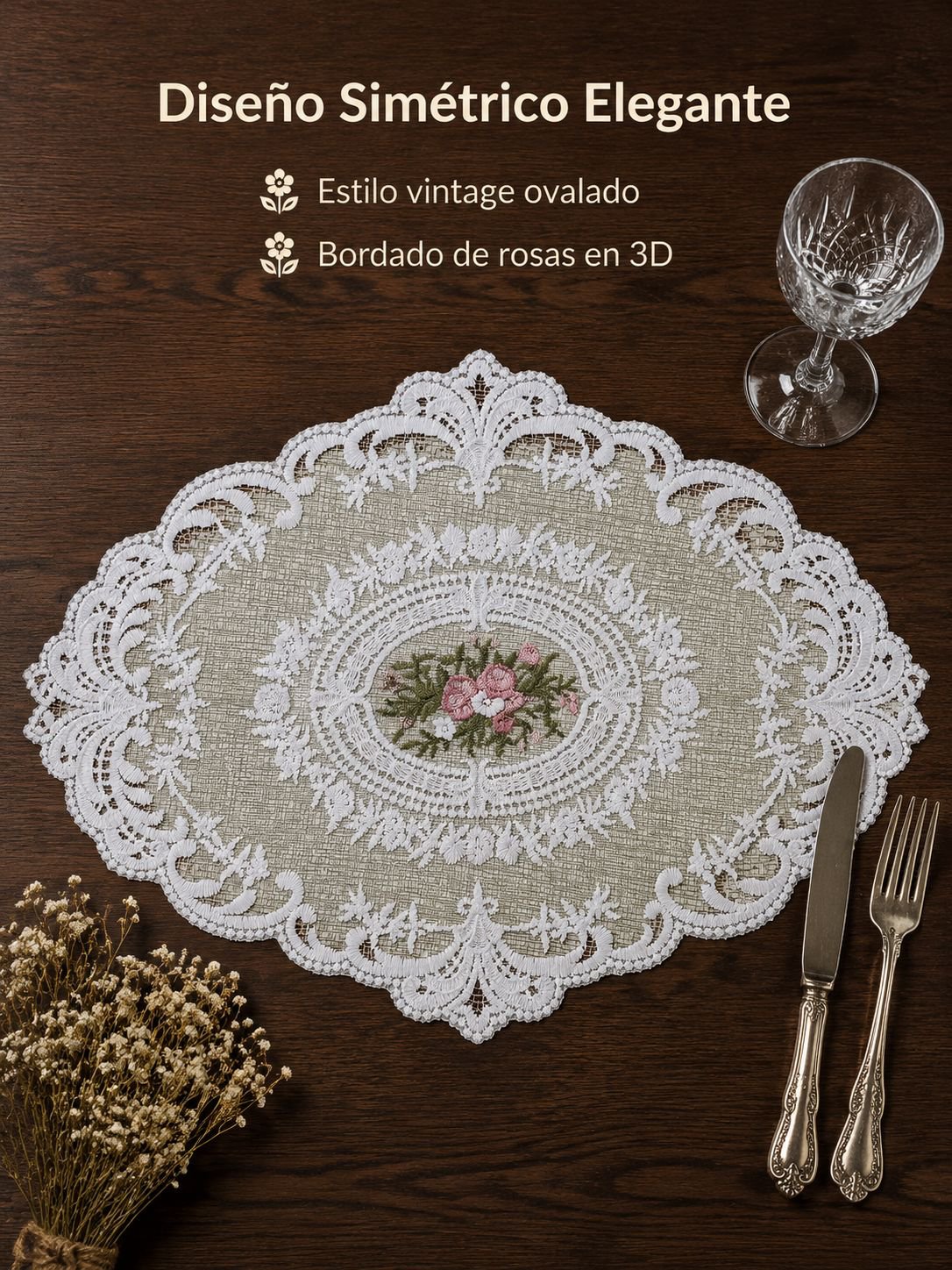 Mesa decorada con mantel individual de encaje francés