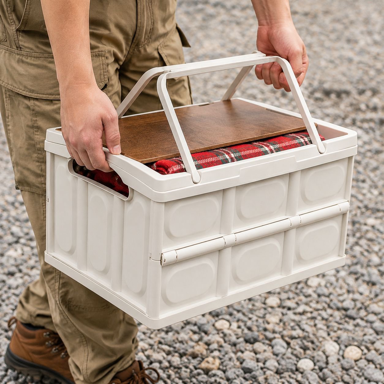 Caja plegable con tapa de madera almacenando ropa