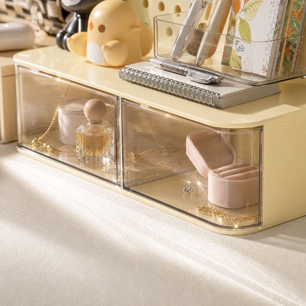 Espacio de trabajo organizado en escritorio estilo crema
