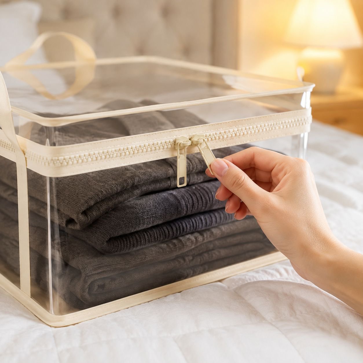 Reusable transparent organizer bag filled with items