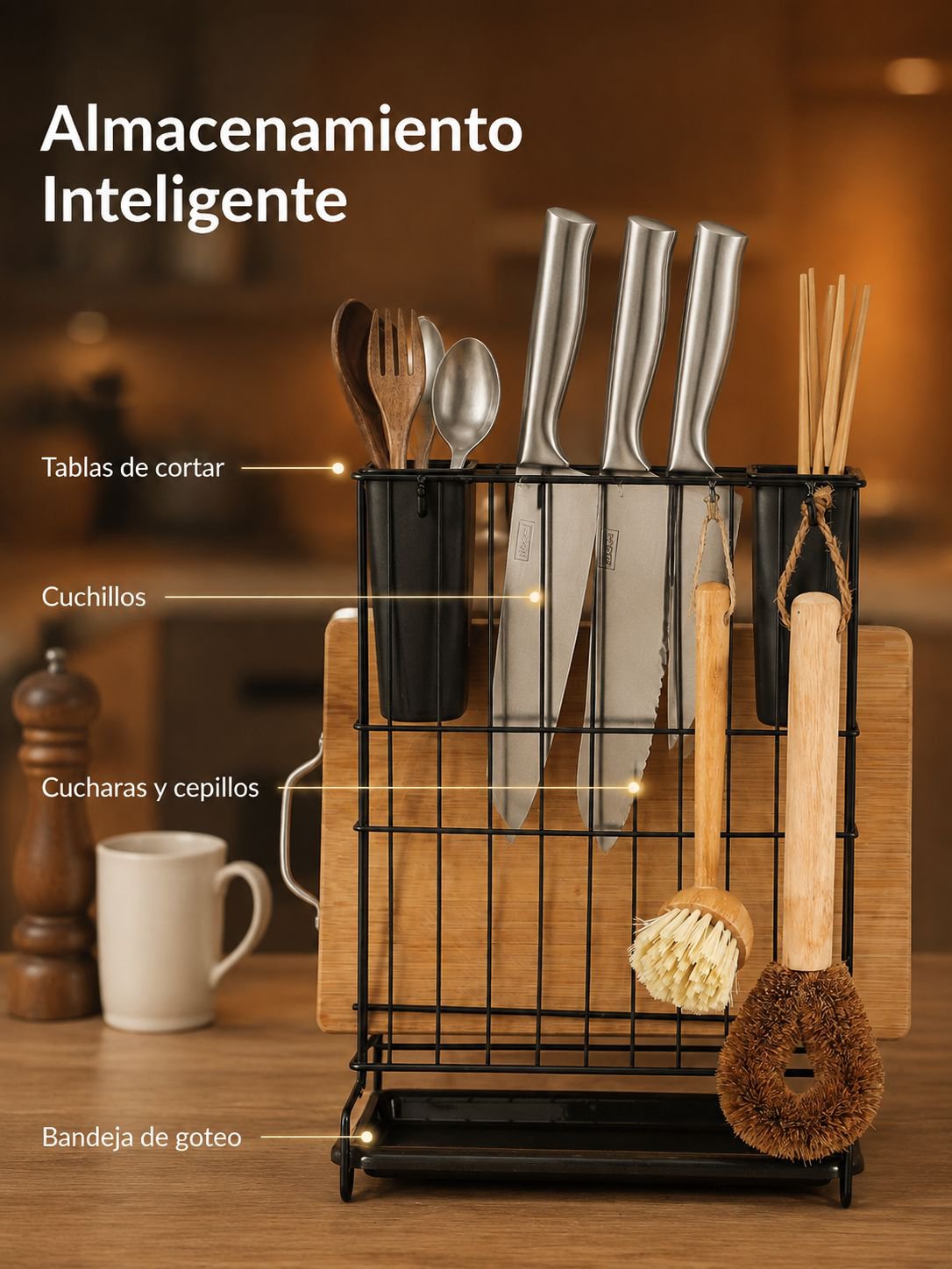 Soporte doméstico para cucharas con tabla de picar