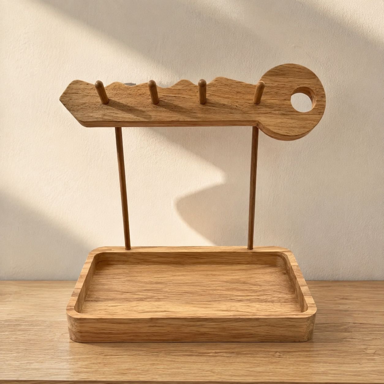 Ornament shelf with keys and decorative items organized