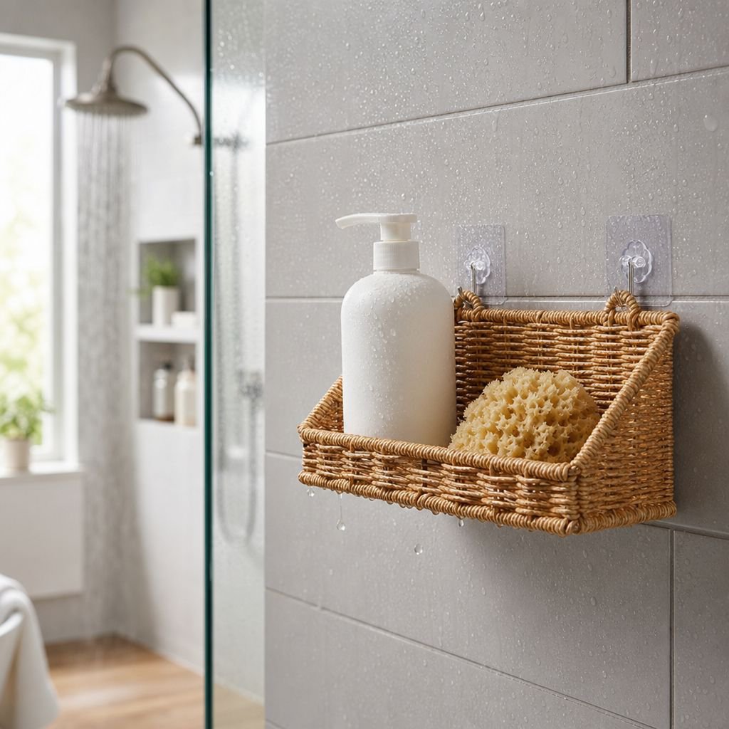 Plastic storage basket for bathroom and kitchen on wall