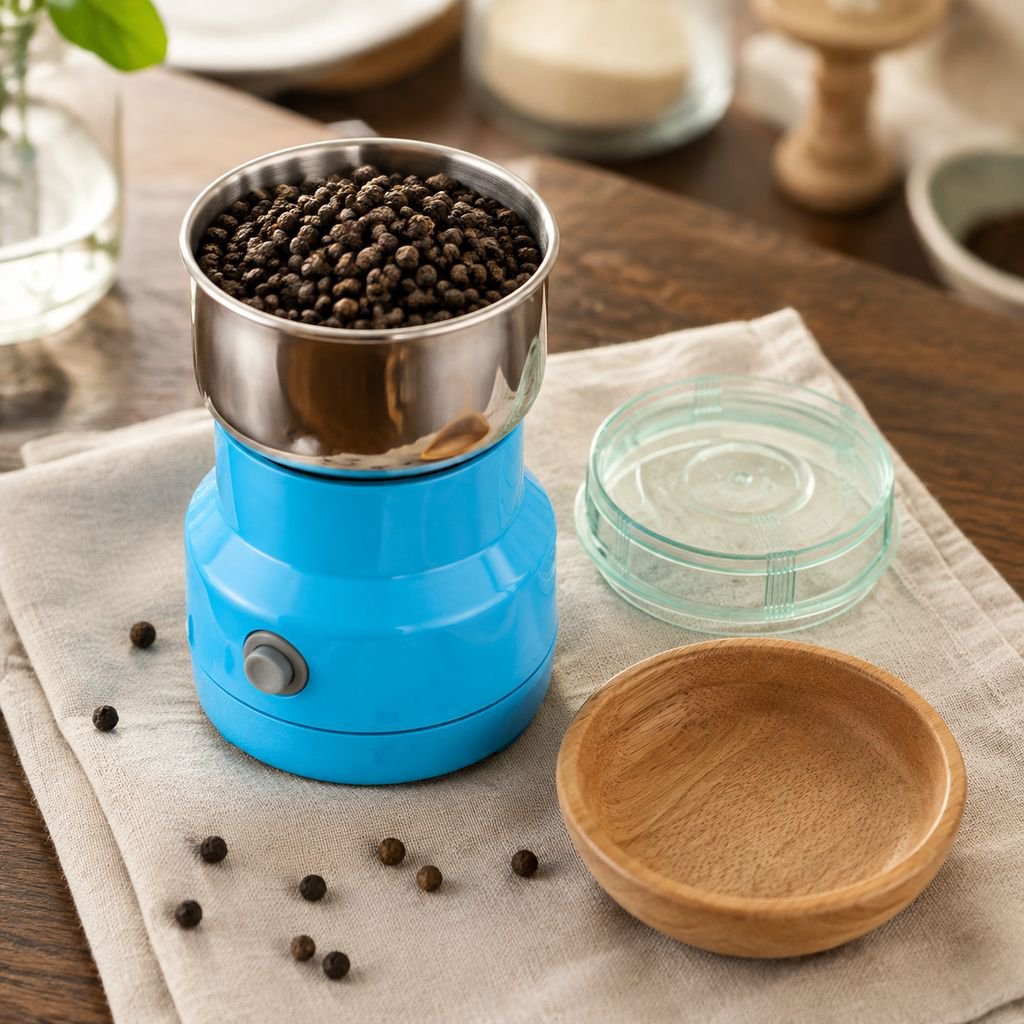 Broyeur électrique en acier inoxydable en action avec des grains de café