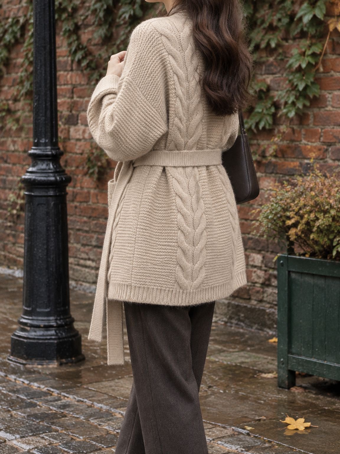 Front view of Cardigan Larg in neutral color