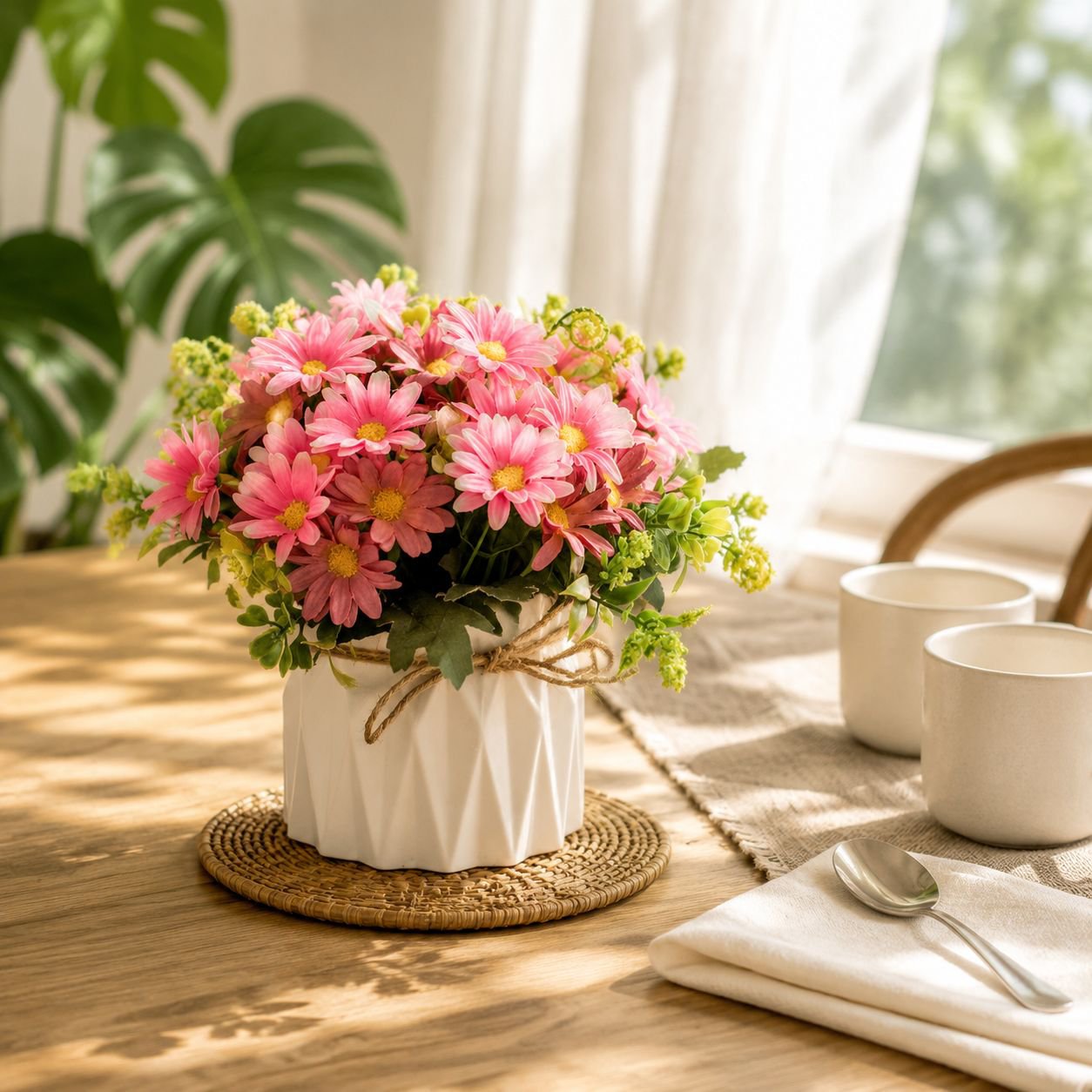 Juteseil-Deko-Vase mit künstlichen Blumen für Zuhause