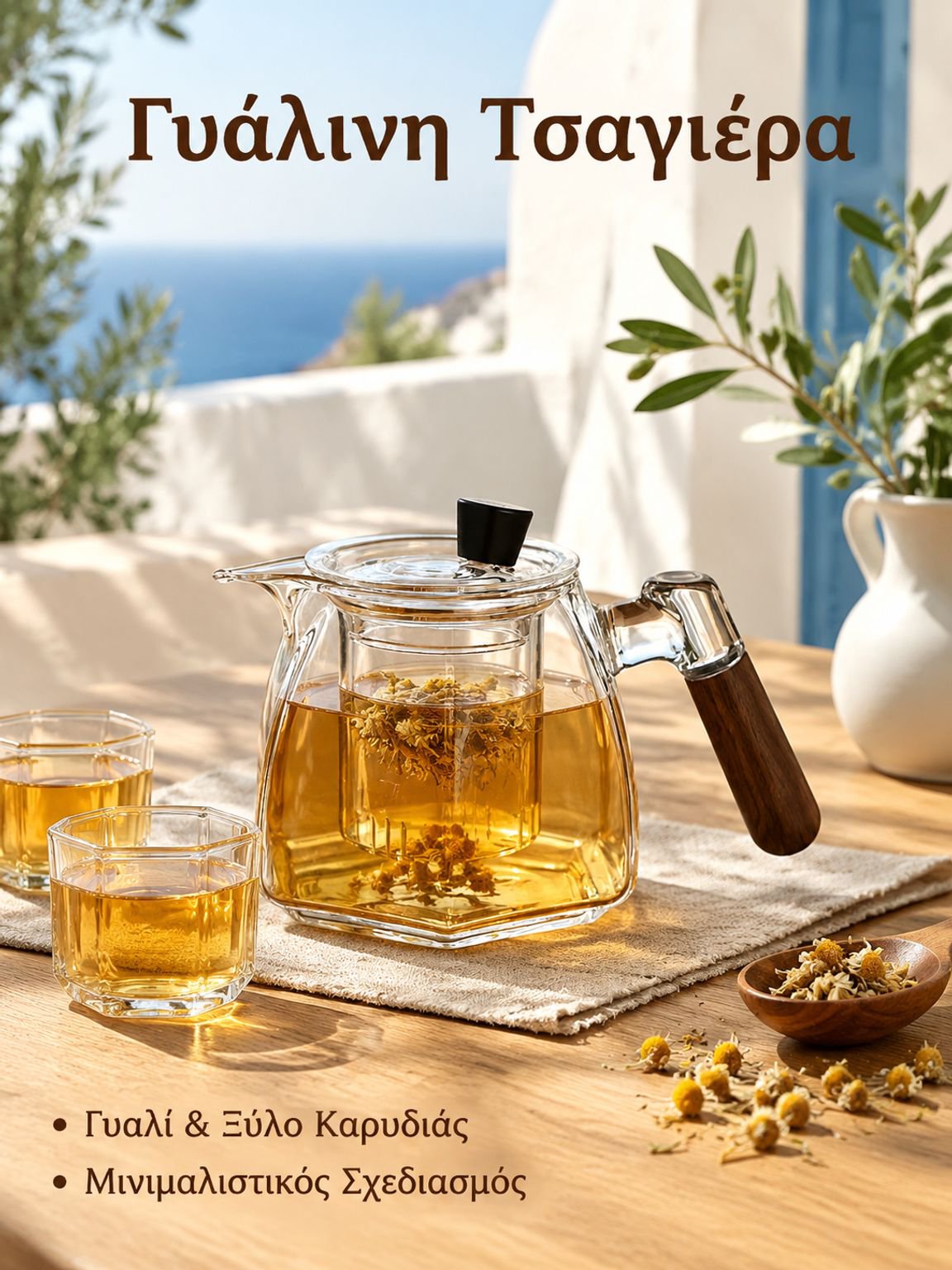 Γυάλινη τσαγιέρα με ξύλινη λαβή