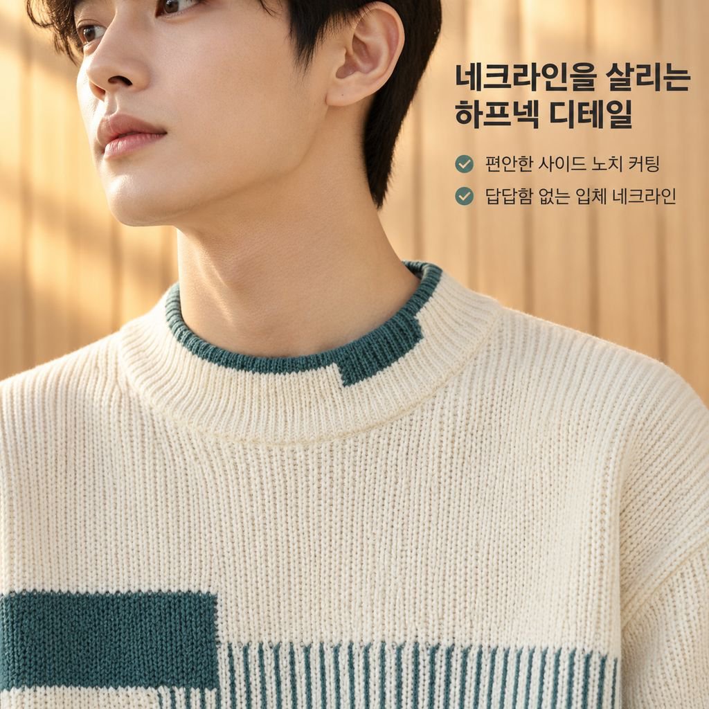 남성 겨울 하프넥 반폴라 배색 니트 스웨터 루즈핏 이너웨어