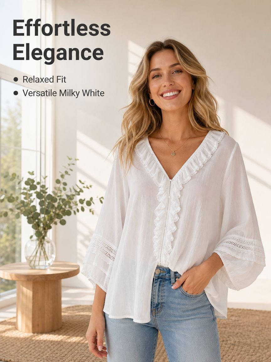 Loose Fit Versatile White V-neck Ruffled Shirt, New Summer Style