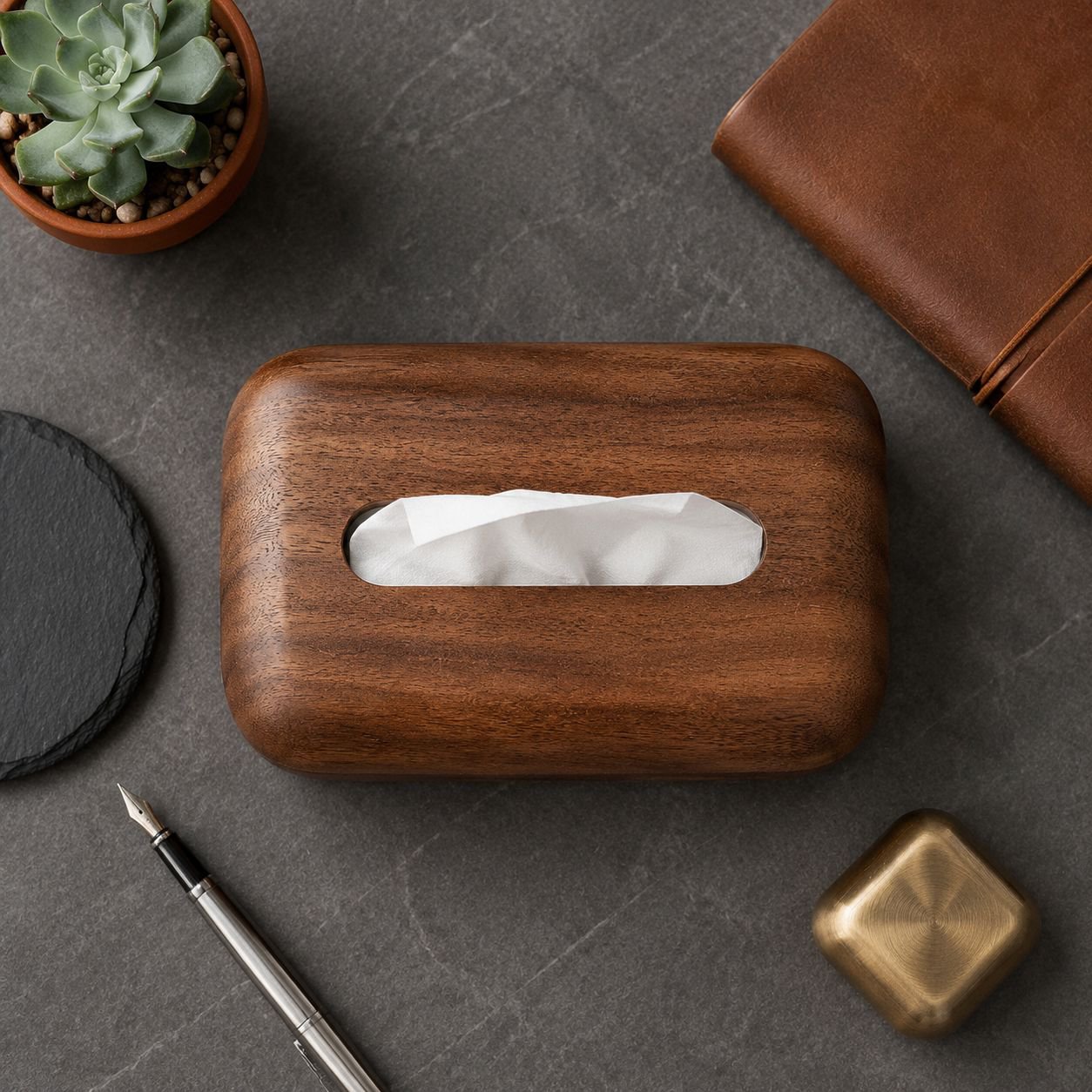 Luxury tissue box with smooth walnut texture