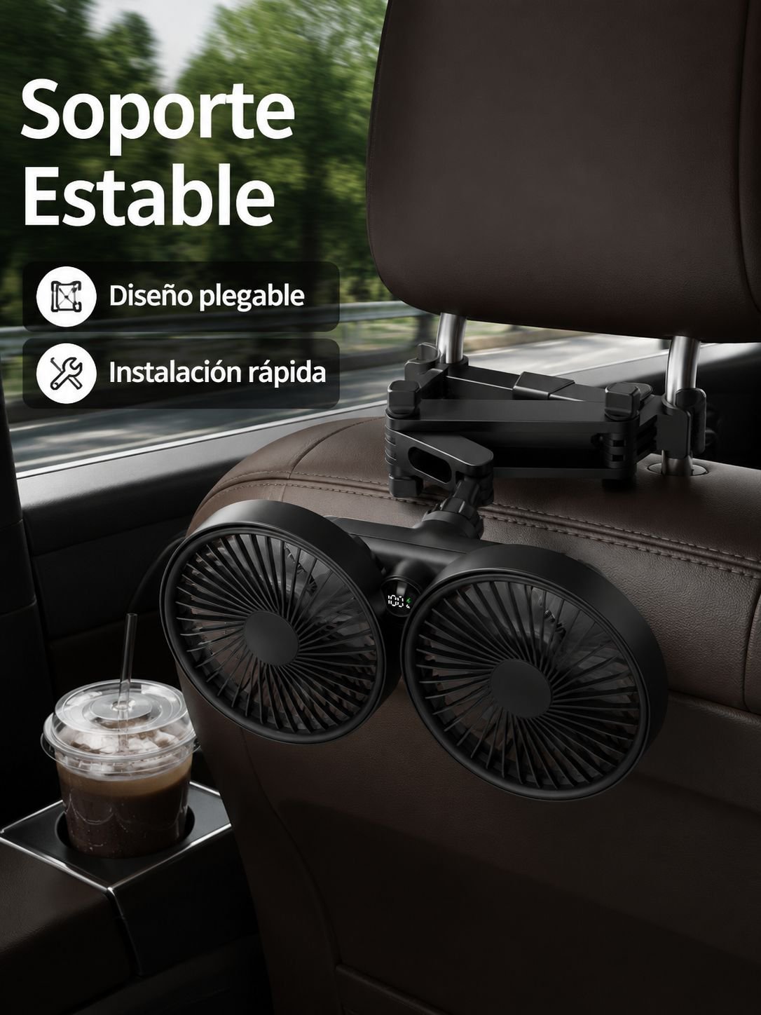 Ventilador de coche de doble cabezal para asiento trasero, potencia fuerte y diseño telescópico