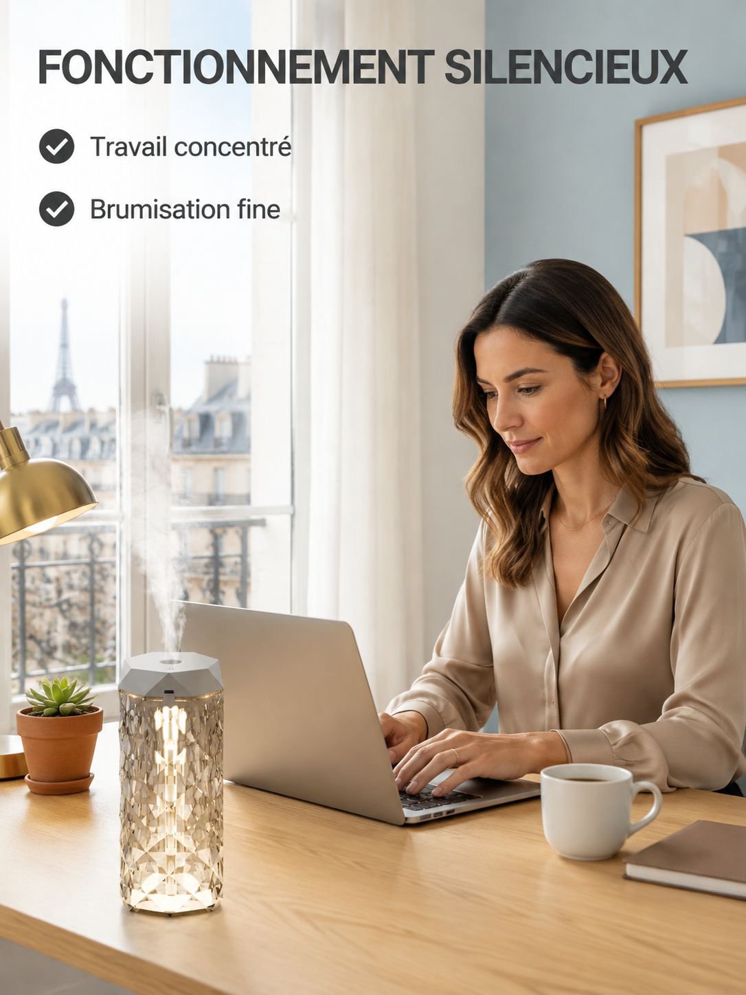 Humidificateur à lumière colorée pour chambre, bureau et bébé, silencieux, design cristal