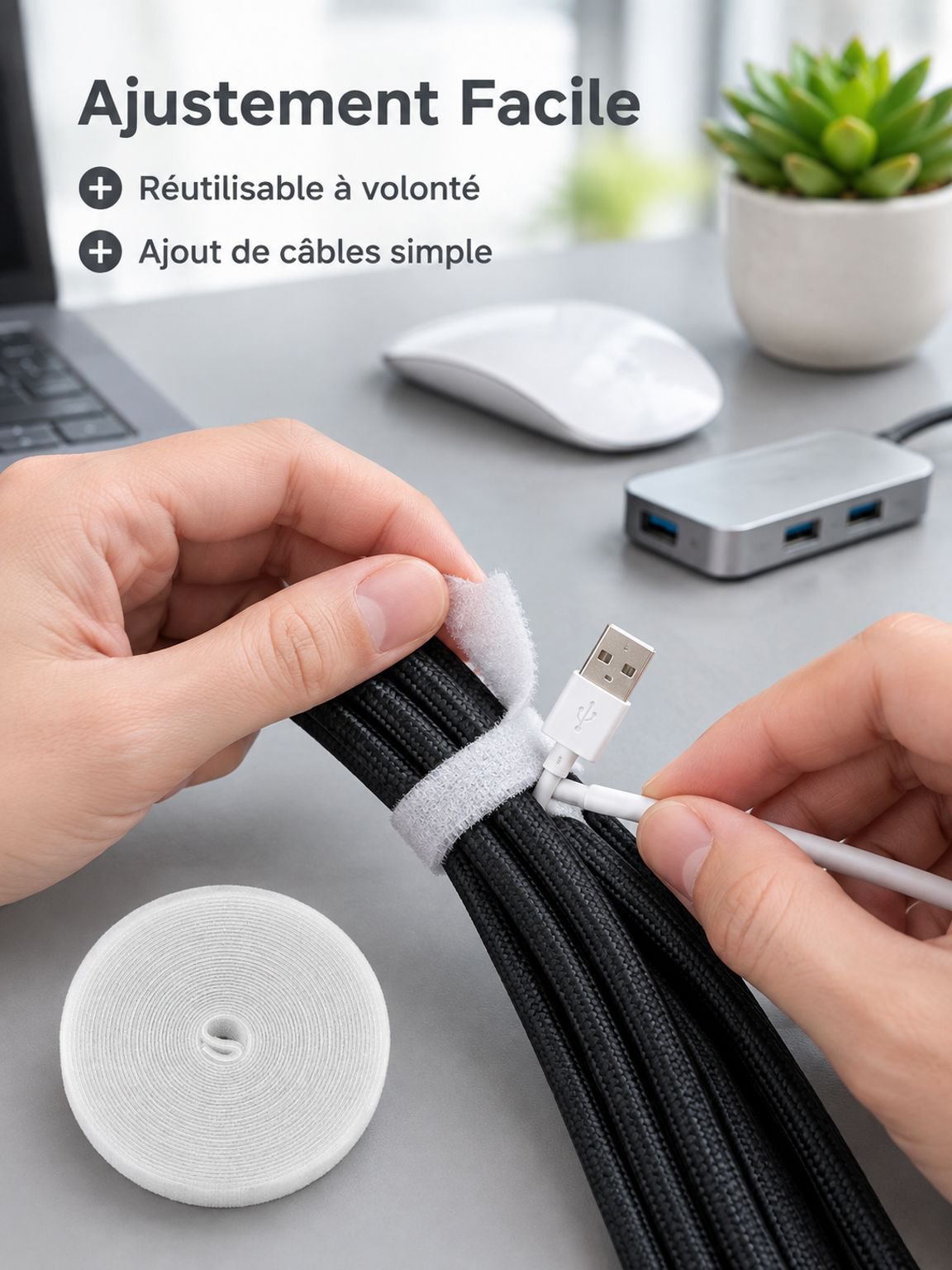 Organisation des câbles de bureau avec sangles auto-agrippantes pratiques