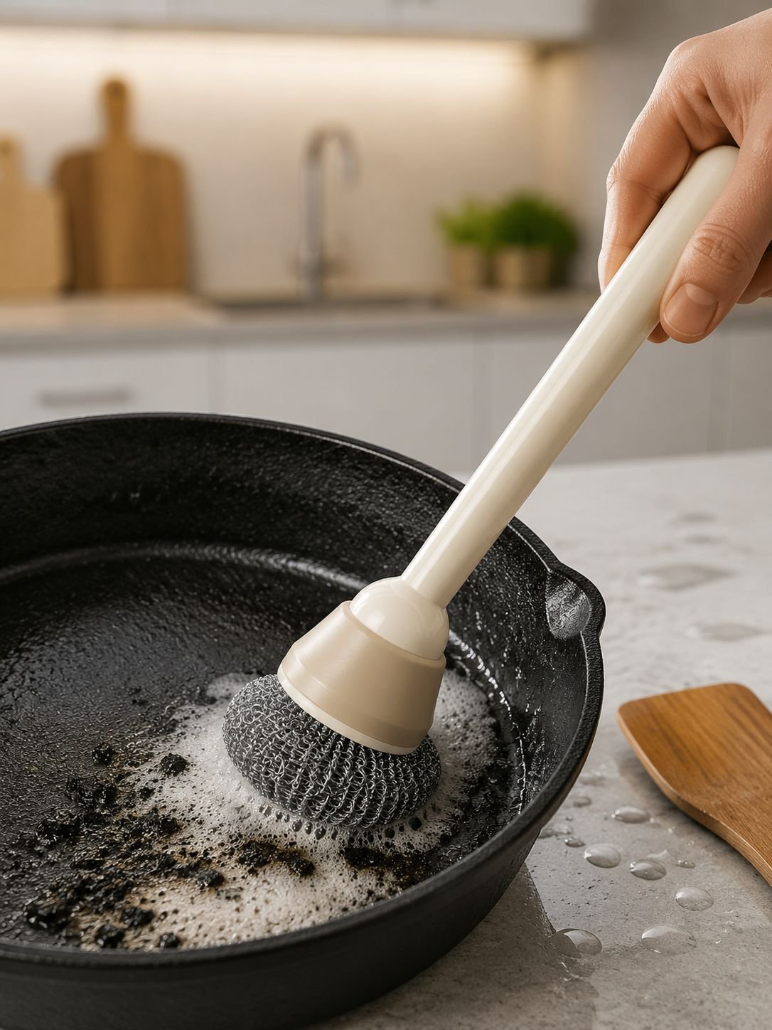 Ergonomic special pot brush scrubbing a pan