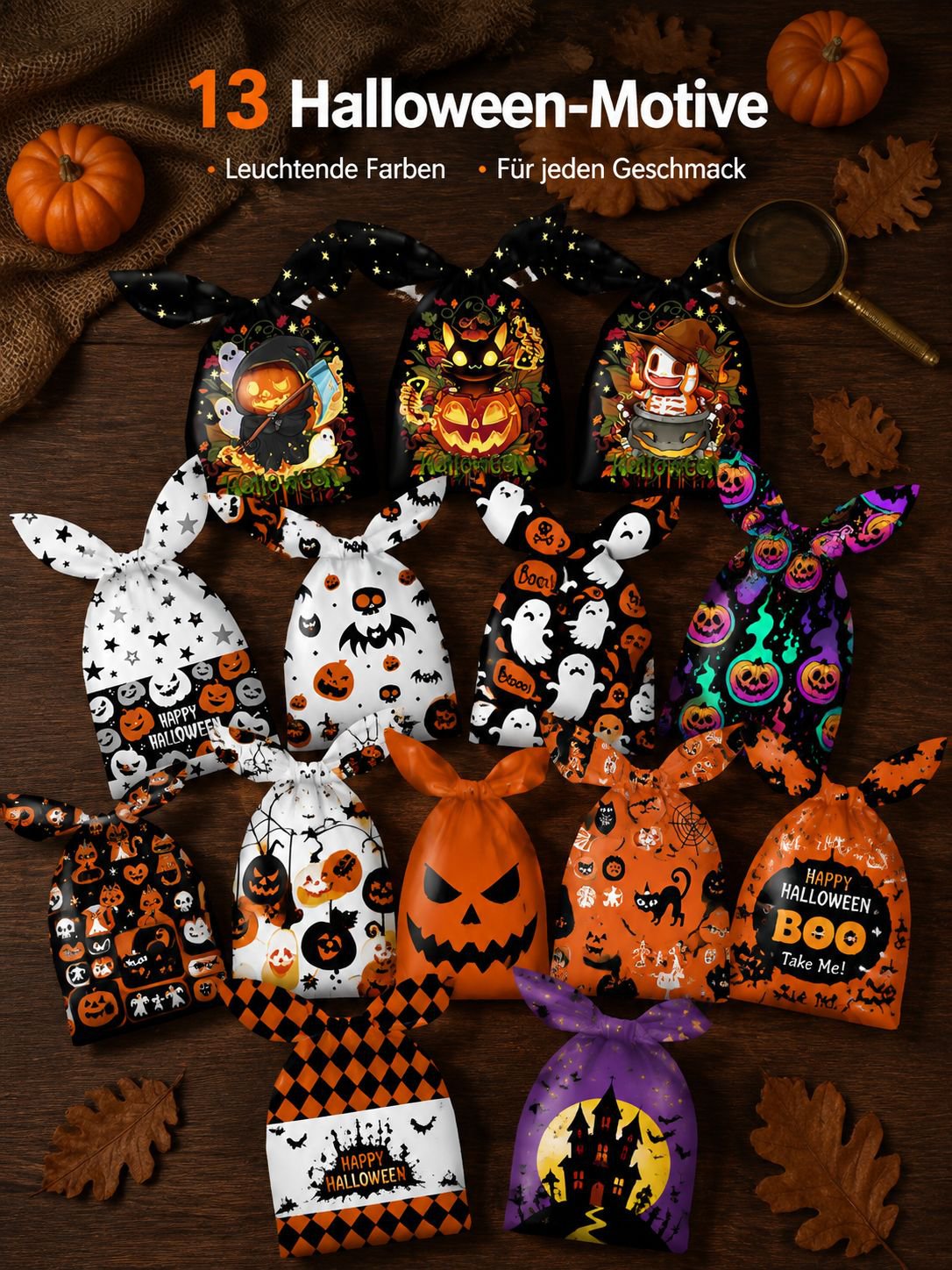 Halloween Geschenktüten im 50er Pack – bunte Partytüten mit Motiven