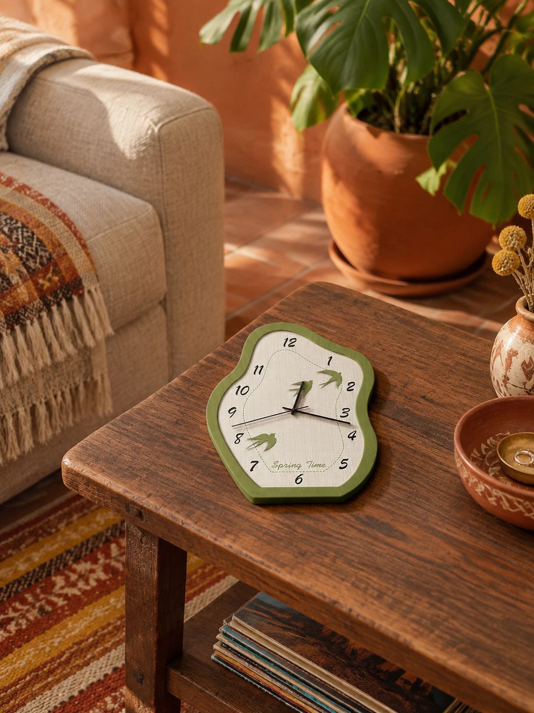 Reloj de mesa decorativo con paisaje verde en sala moderna