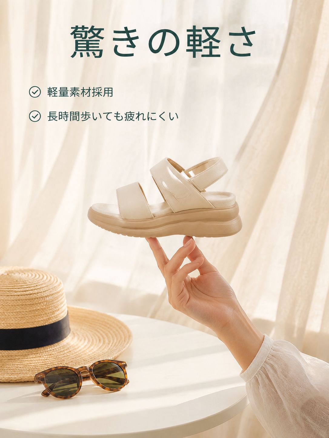 夏用レディースかかと付きマジックテープローマサンダル 外履き