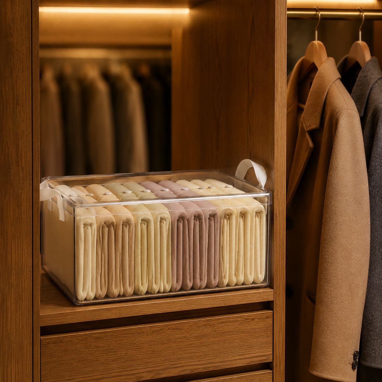 Clear clothing storage box with steel frame showing folded clothes inside