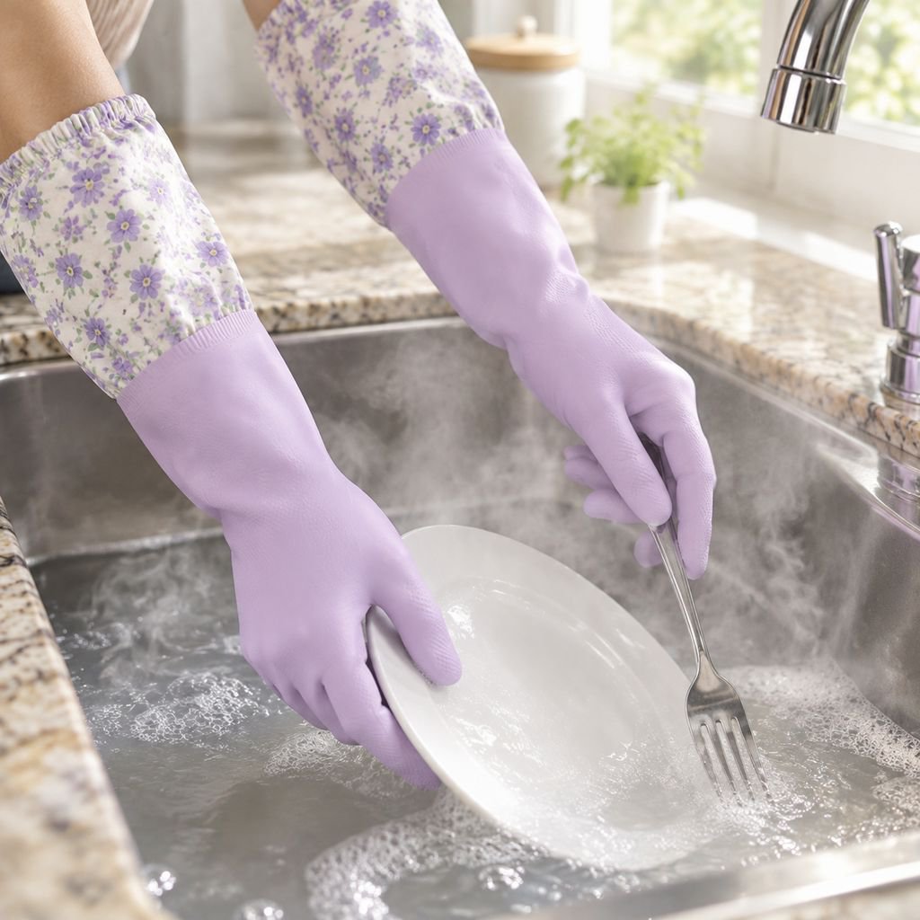 Wasserdichte Küchenhandschuhe für Damen beim Abwasch
