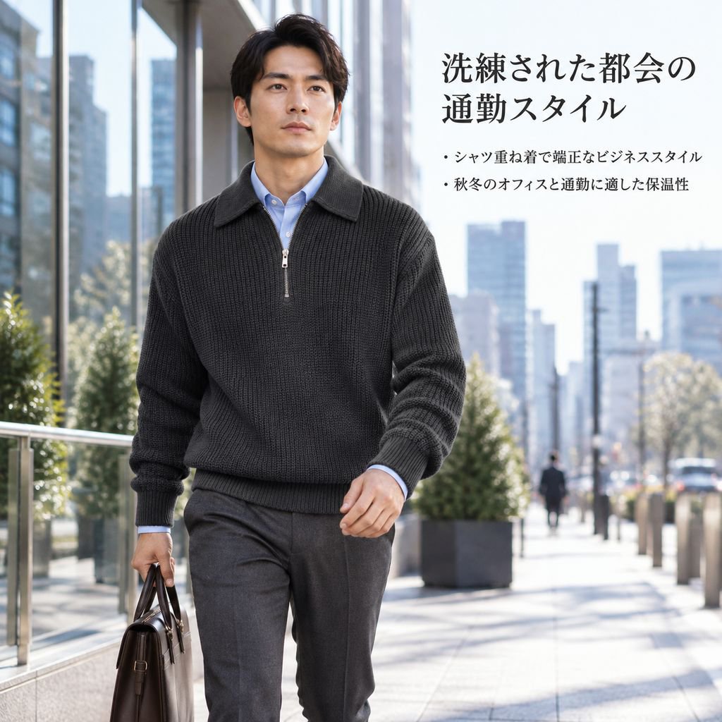 メンズ ハーフジップ ニットセーター 秋冬 厚手 ゆったり ポロ襟 レトロ プルオーバー