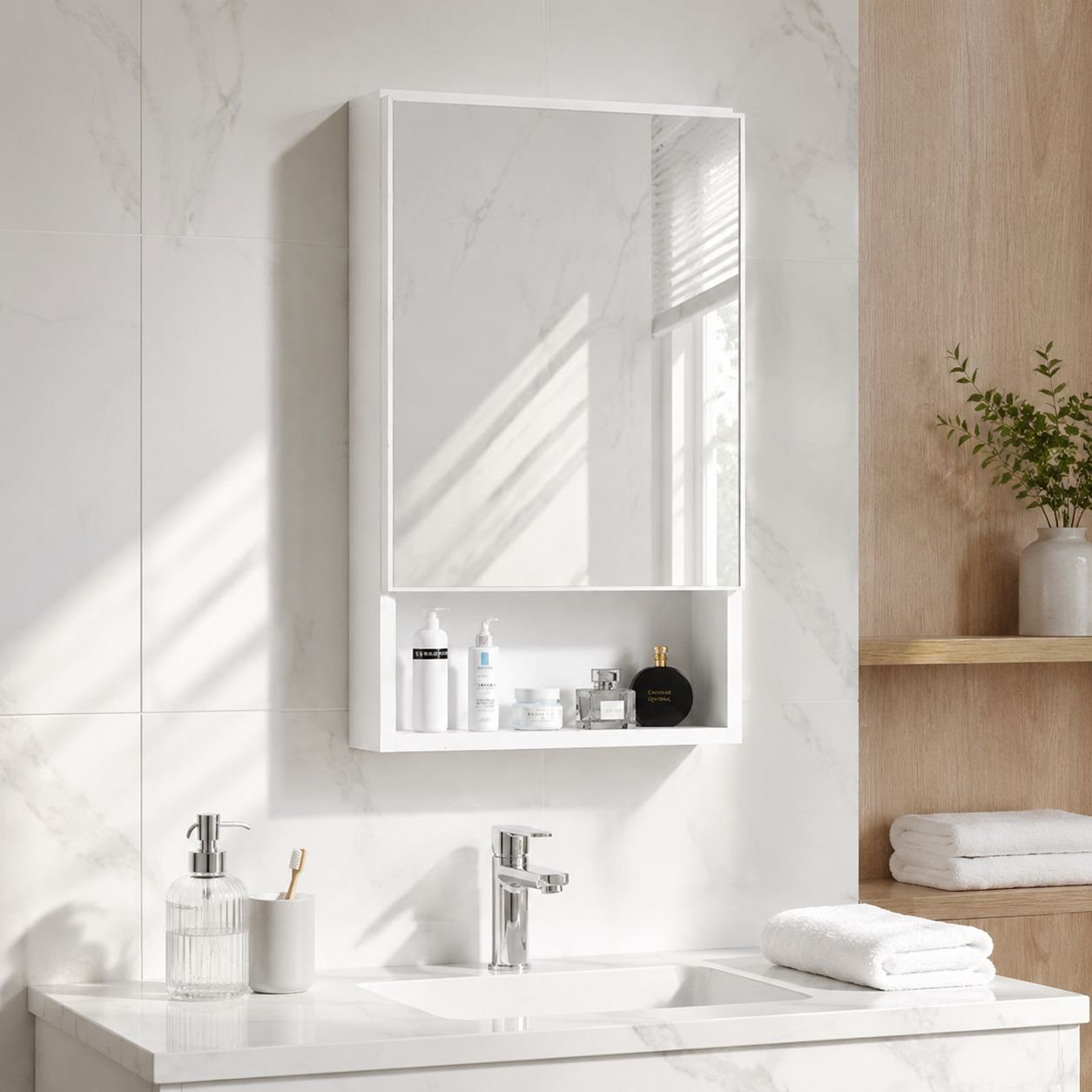 Space-saving aluminum mirror cabinet on white bathroom wall