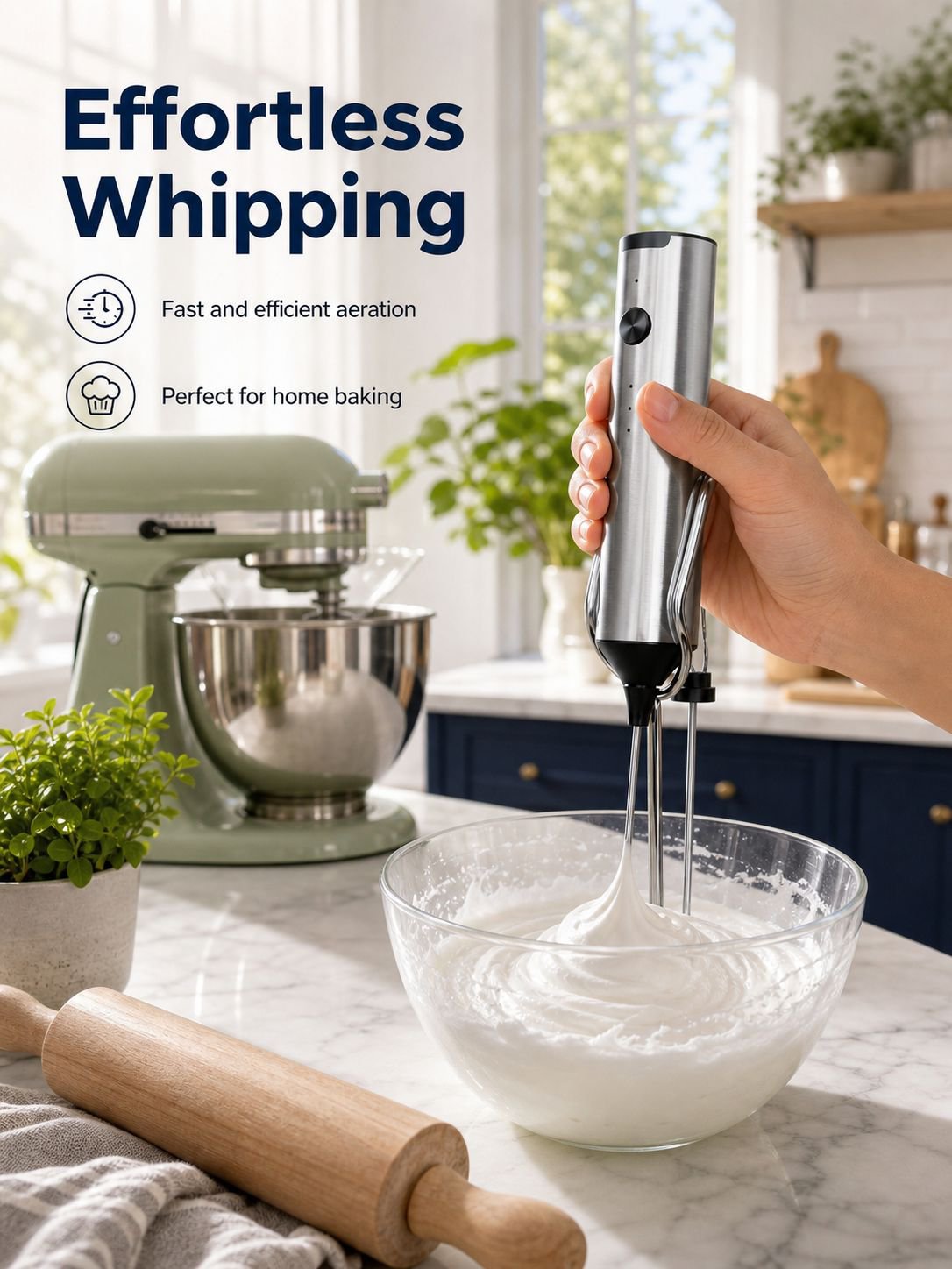 Portable milk frother next to coffee cup