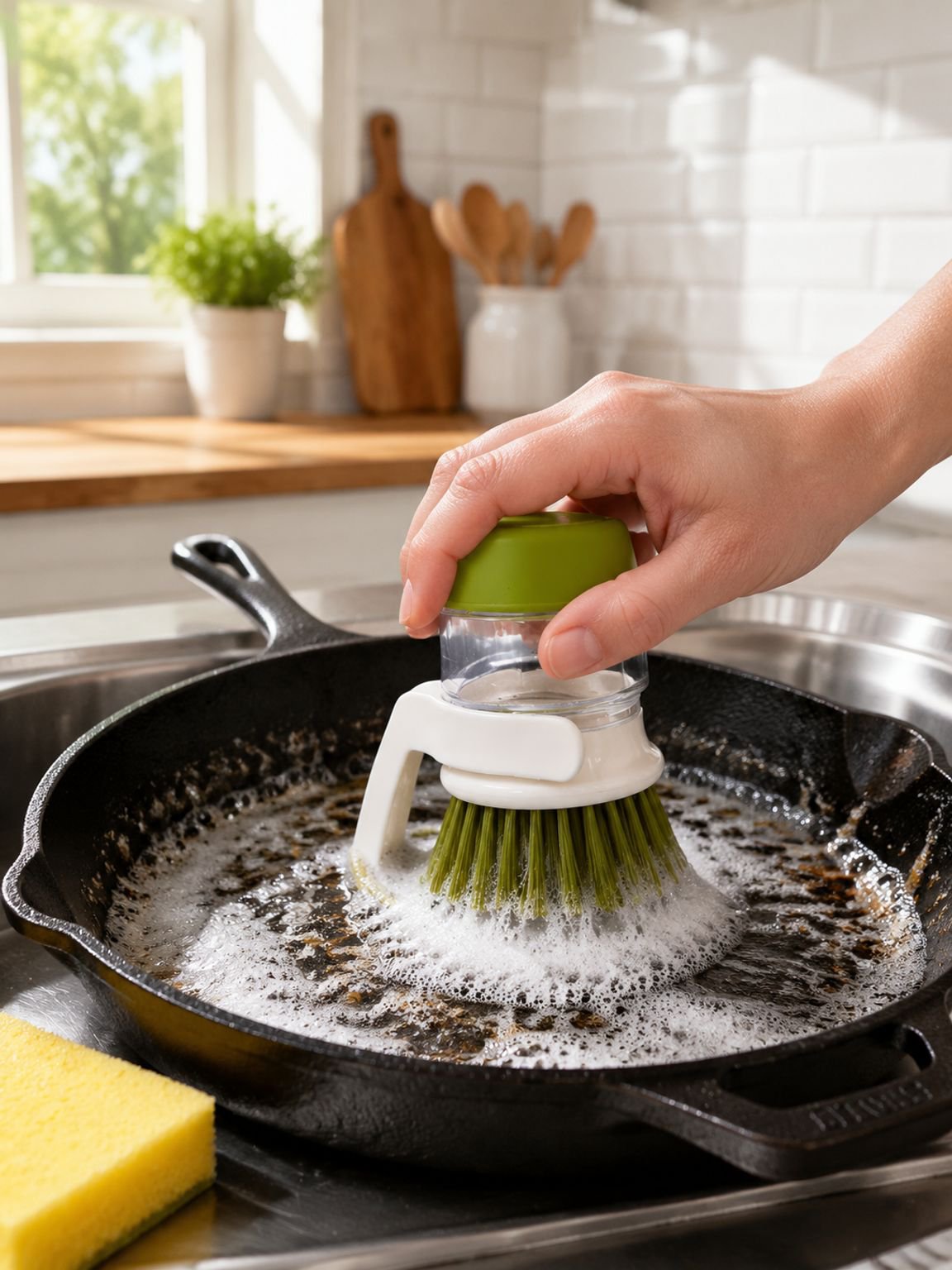 Ergonomic dish scrubber for easy kitchen cleaning