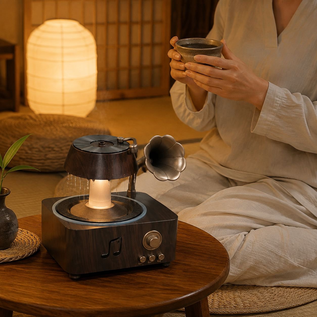 レトロ蓄音機型雨滴アロマディフューザー、リモコン付き、7色アンビエントライト、家庭用エッセンシャルオイルディフューザー、静音ワイヤレス加湿器