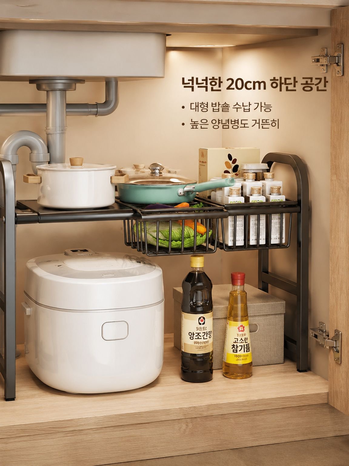 신축 가능한 싱크대 하부장 정리선반