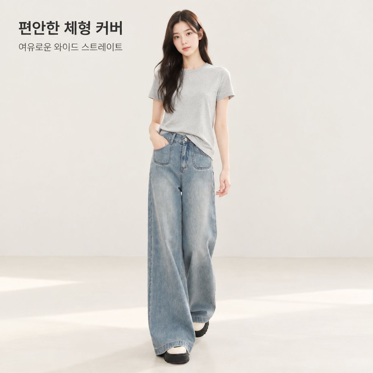 여유로운 핏의 스트레이트 와이드 레그 디자인으로 편안함을 강조