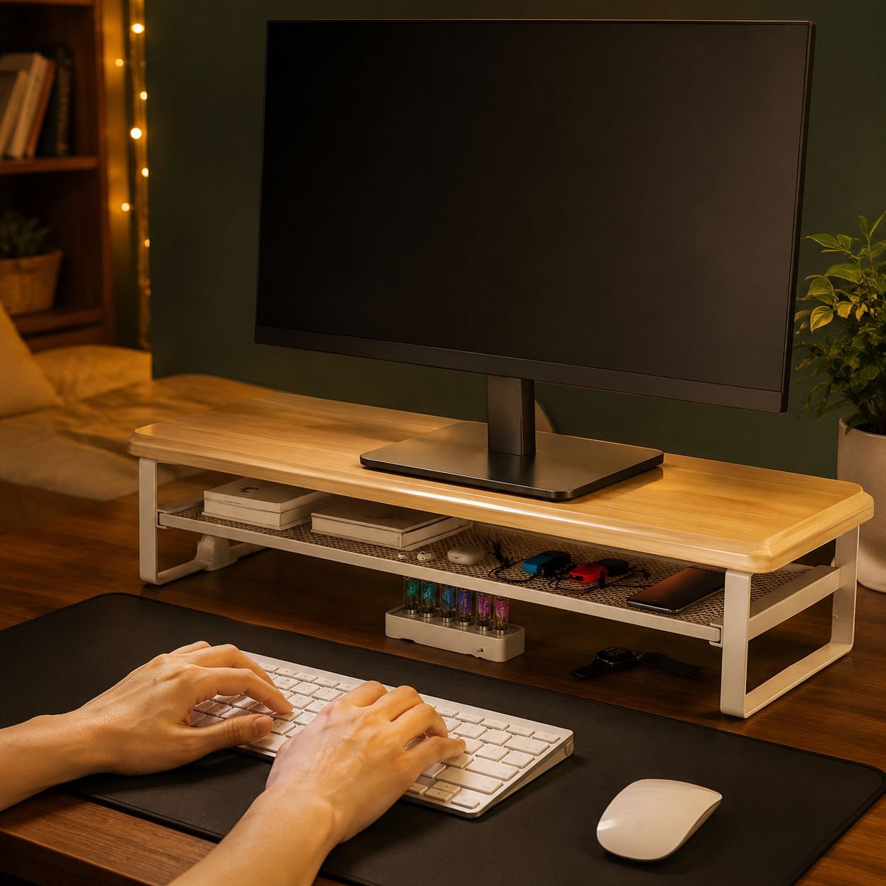 机上台モニタースタンド、2段構造、スライド式引き出し、PC作業に最適、組立簡単