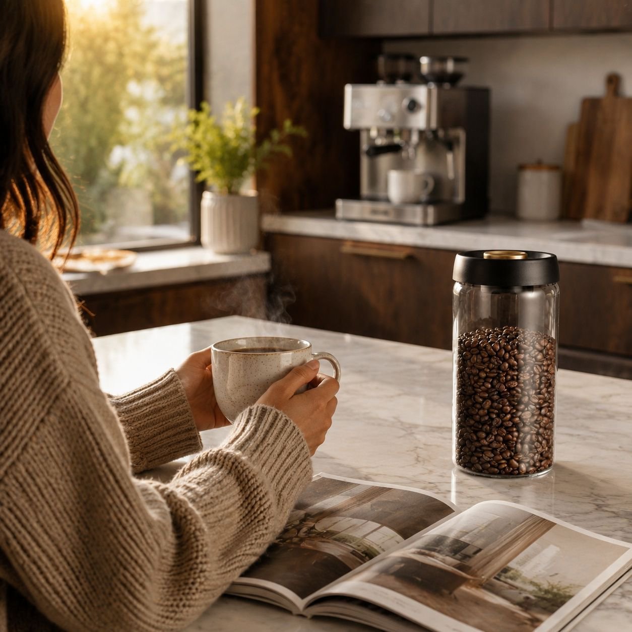Close-up of vacuum sealed jar preserving coffee beans