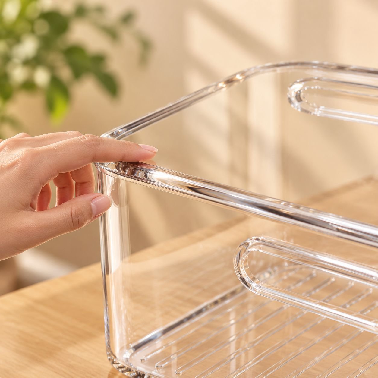 Escritorio ordenado con caja de acrílico transparente