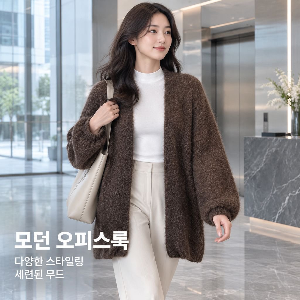 여성용 오픈 프론트 V넥 랜턴 슬리브 루즈핏 니트 가디건