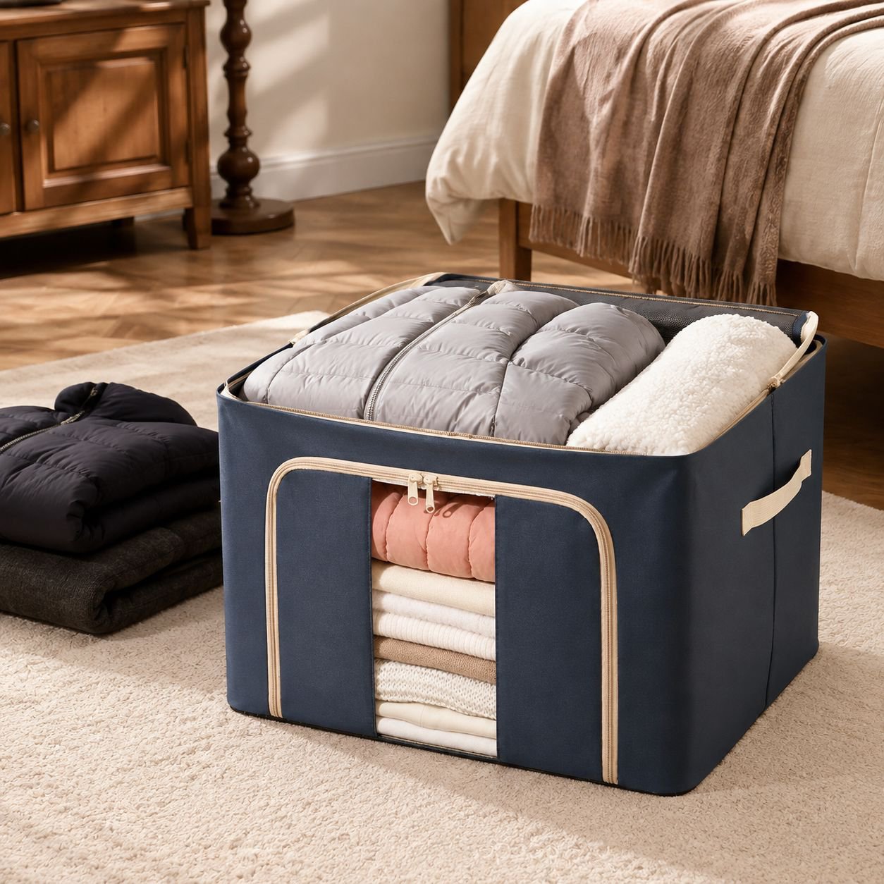 Large clothing storage container with easy access window