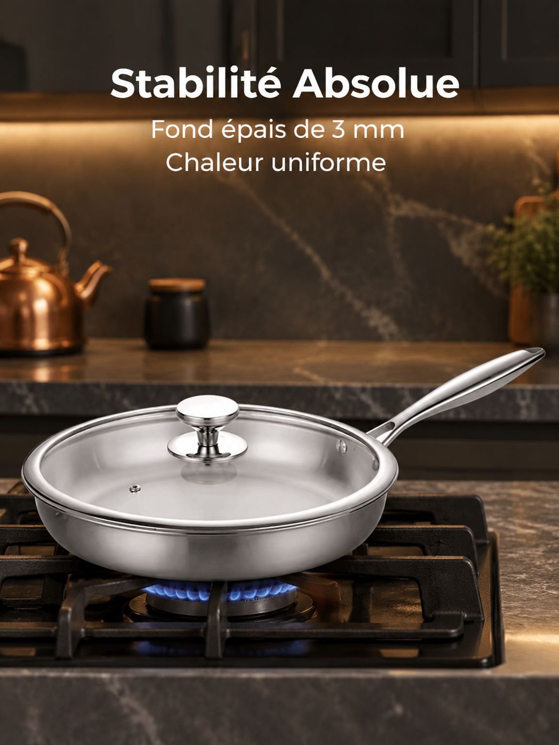 Poêle en acier inoxydable compatible avec une plaque à induction