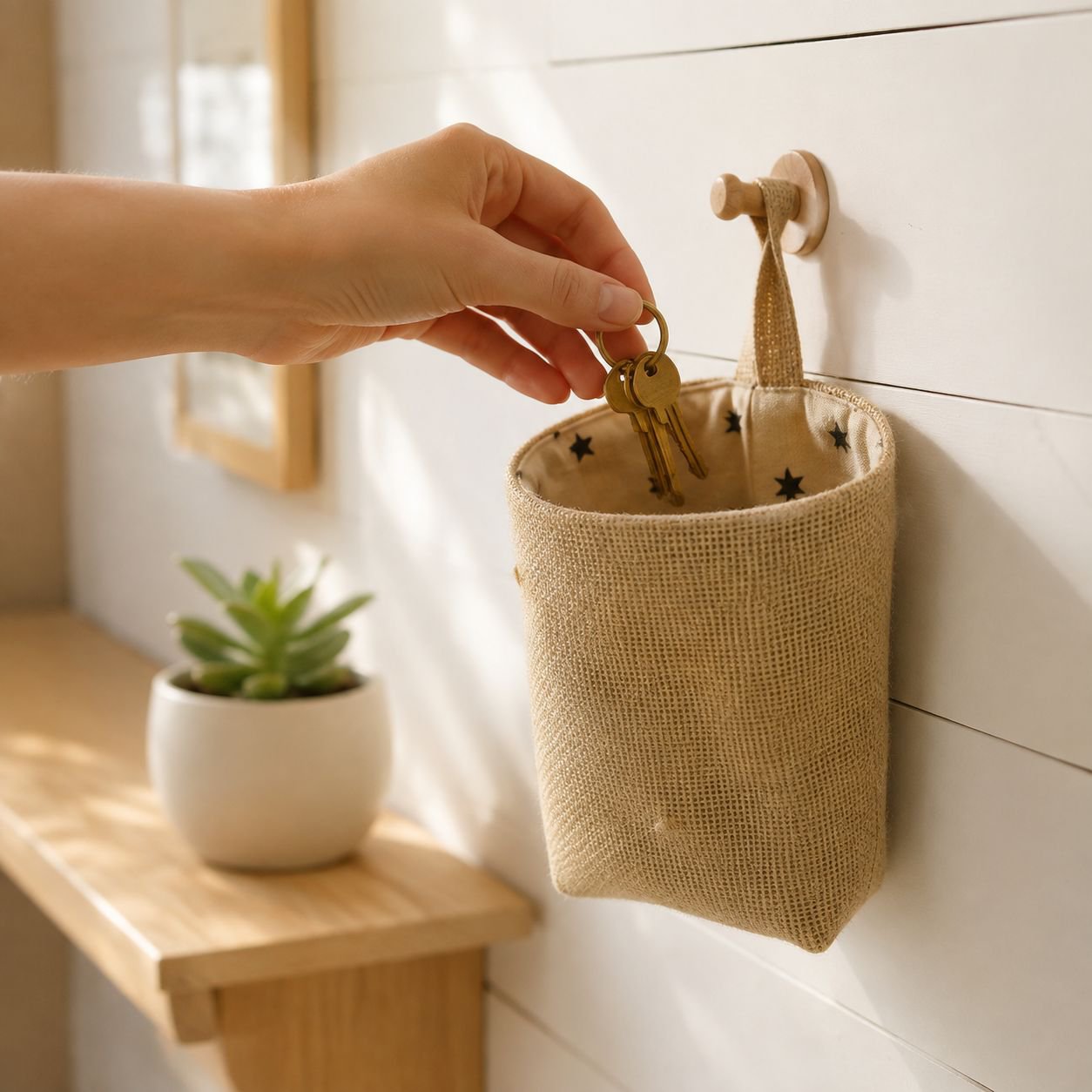 Jute multi-purpose wall hanging organizer displayed in living room