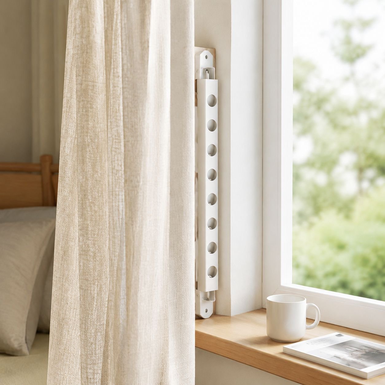 No-installation clothes hanger holding shirts by a window