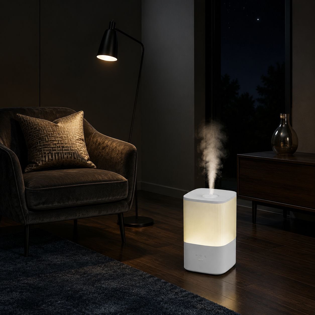 Compact air purifier and humidifier for small spaces