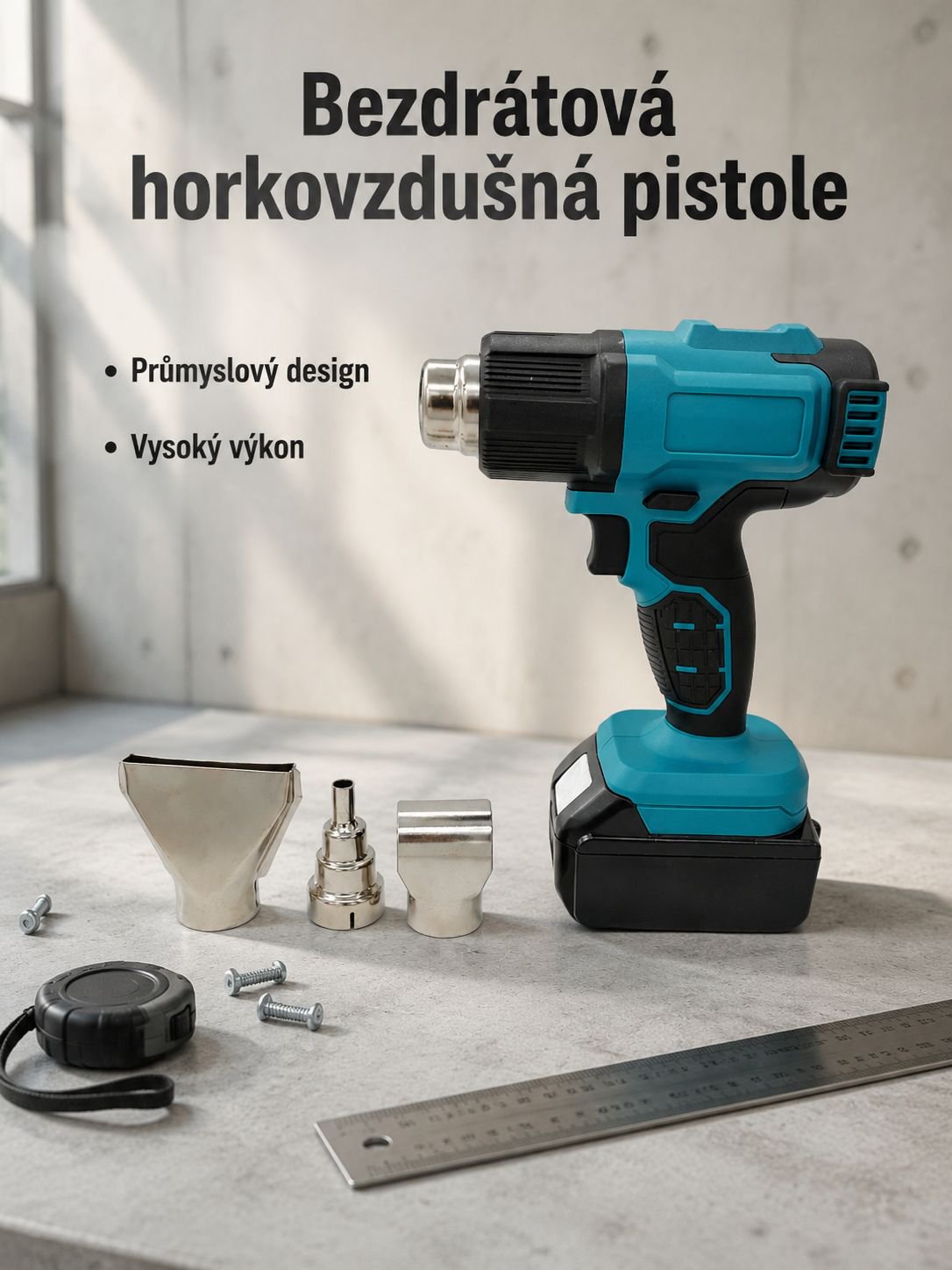 Bezdrátová průmyslová horkovzdušná pistole s nastavitelnou teplotou a lithium baterií