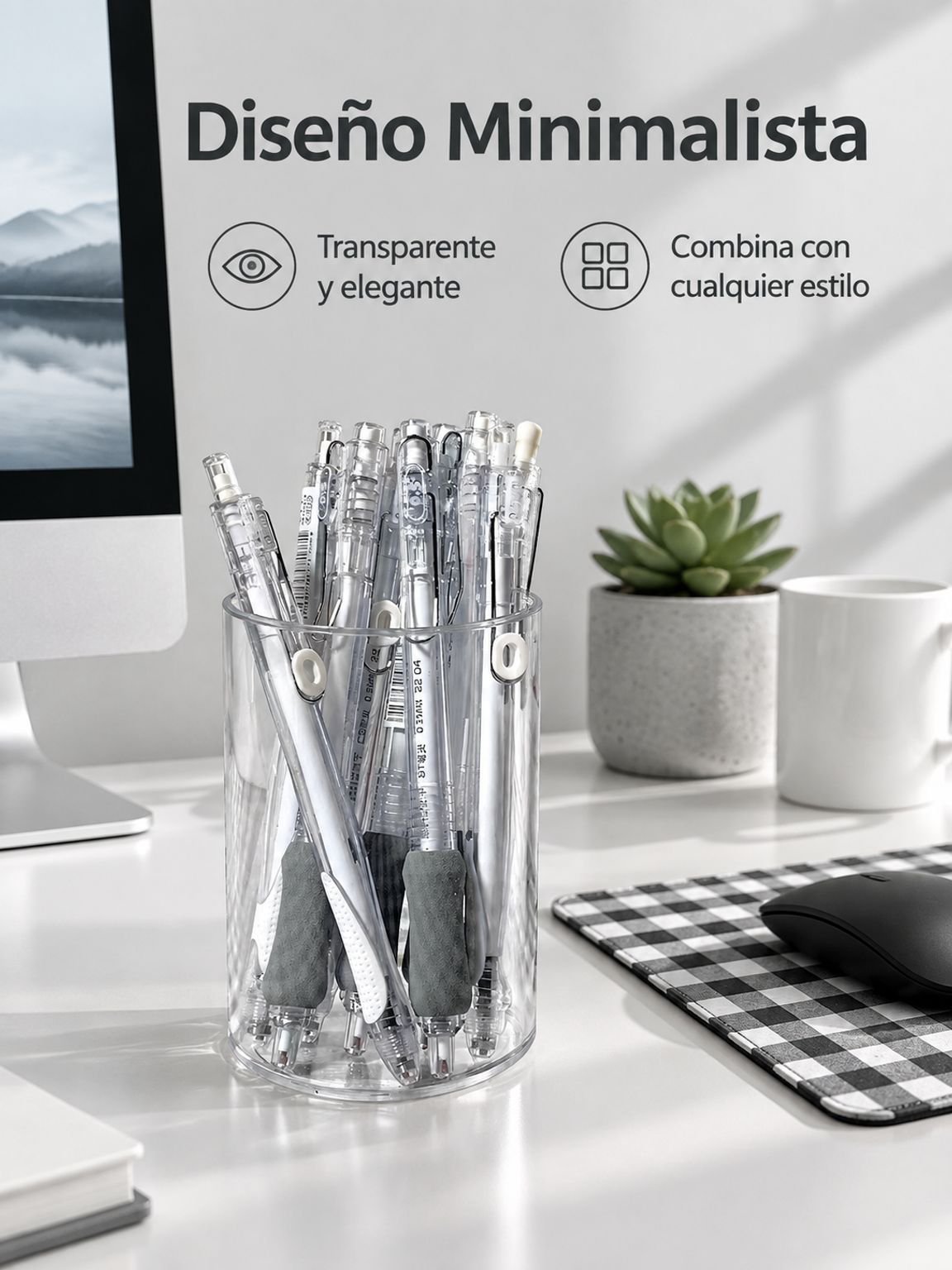 Vista frontal del organizador multifuncional de acrílico transparente con brochas y útiles