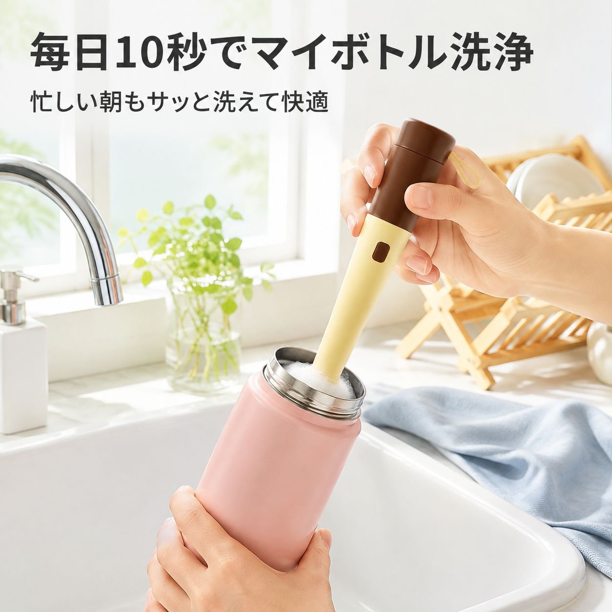 マイク型カップブラシ 多機能3in1ロングハンドルクリーナー 水筒・タンブラー用