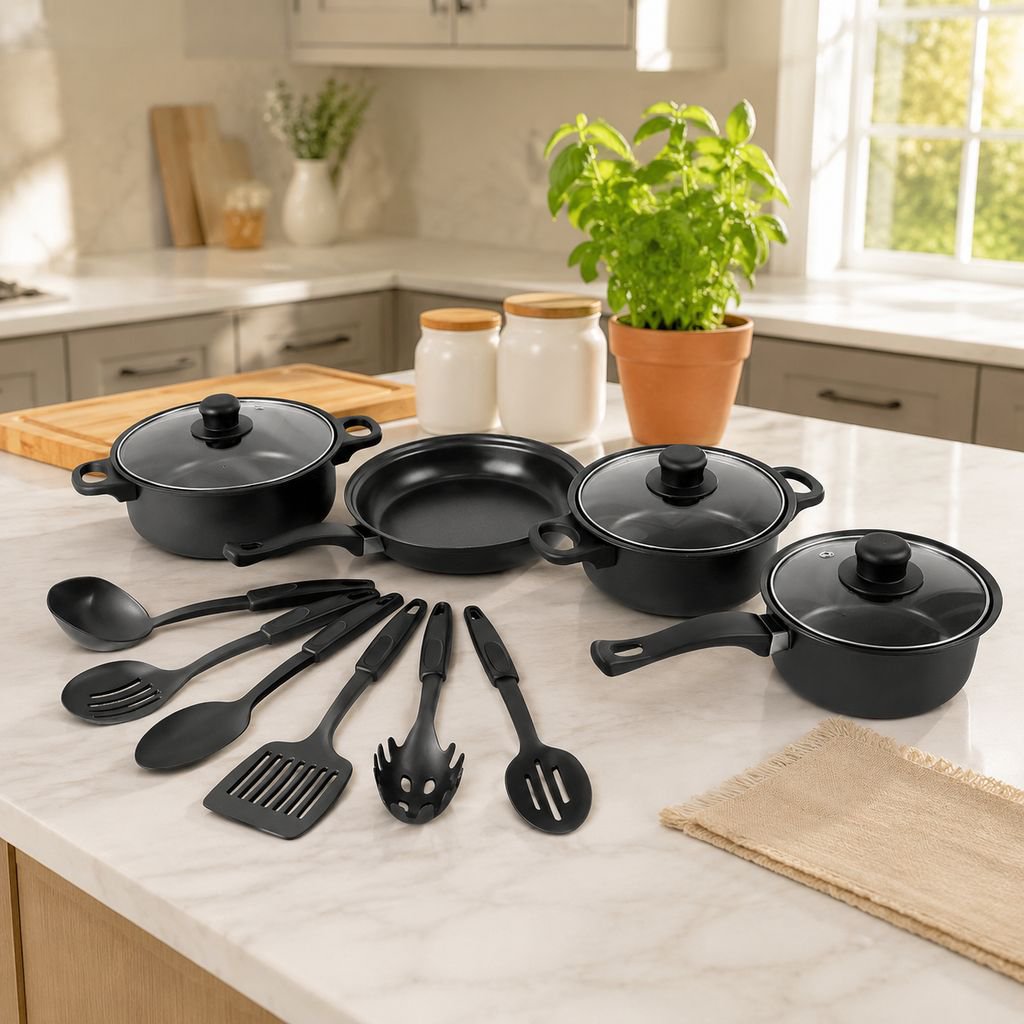 Hot selling 12-piece cookware set with spatula, non-stick soup pot, milk pot, frying pan, Maifan sto